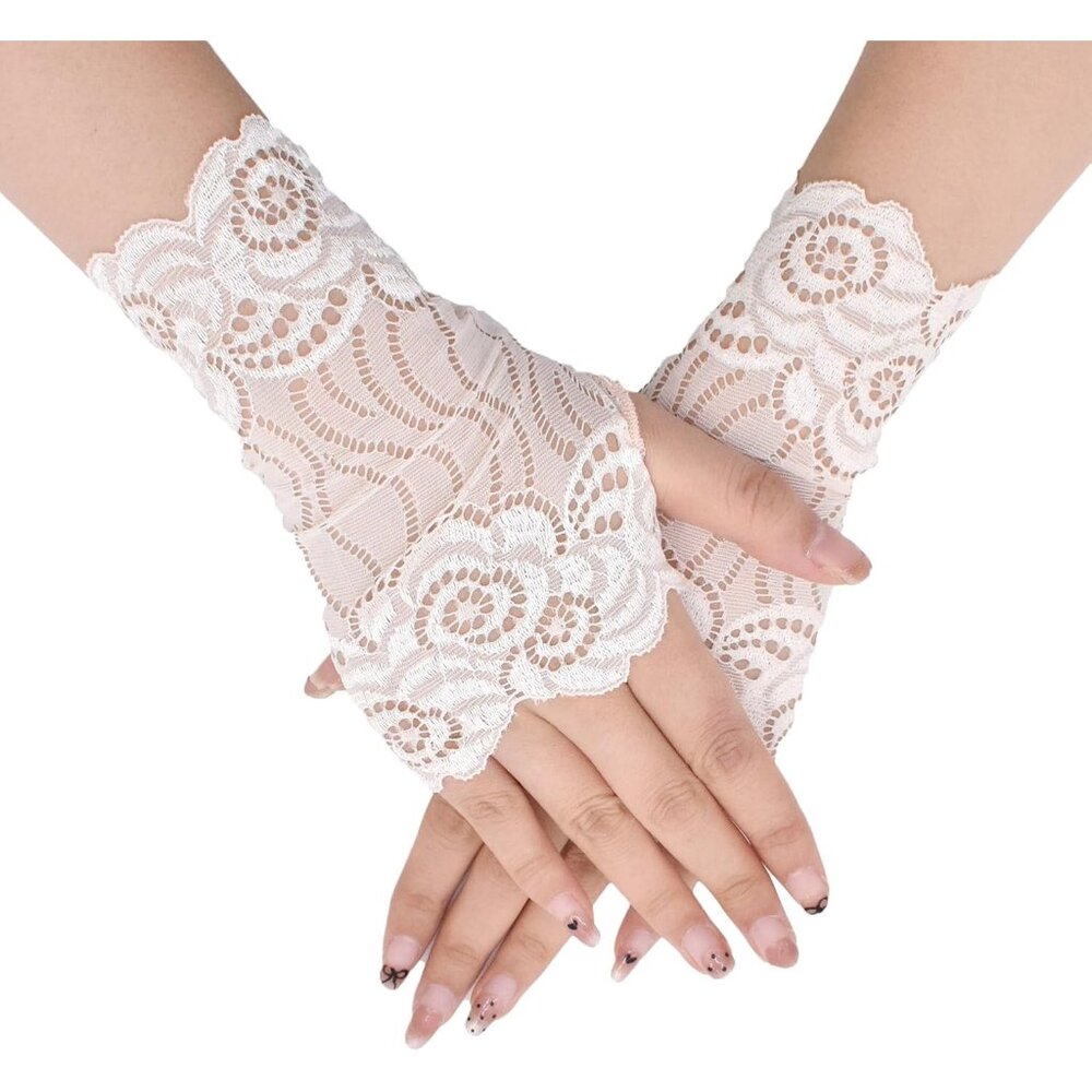 Women's St132-B-Nude Elegant Floral Lace Fingerless Short Gloves Party Prom
